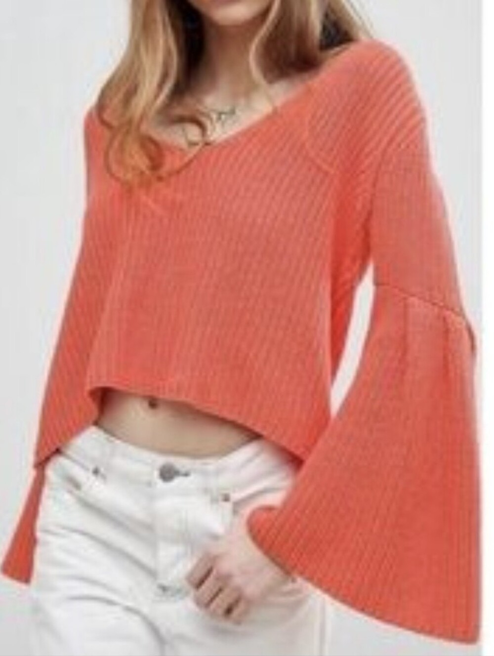 Free People Coral Orange Deep Vneck Bell Sleeves Cropped Cotton Sweater Sz Small